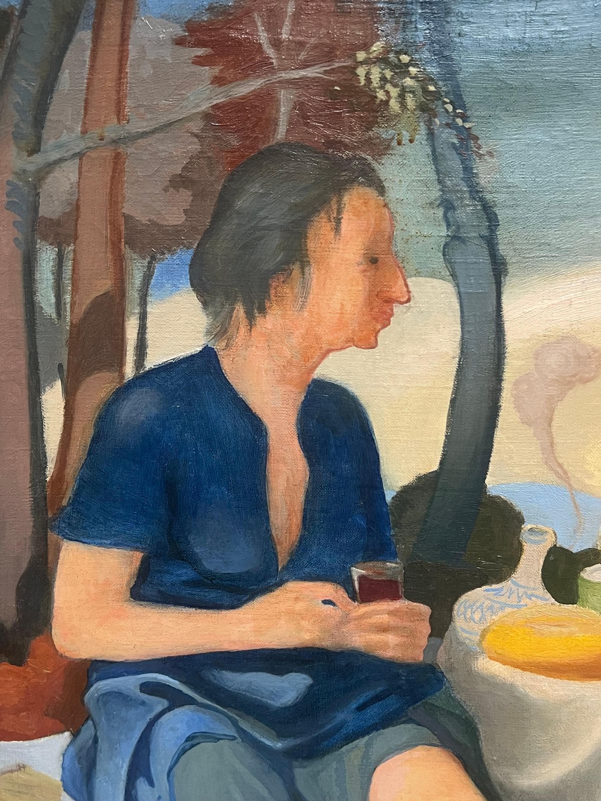 Pierre Georgeotlarge Mid Century French Oil Three Figures Seated Picnic Conversation photo 1476.0