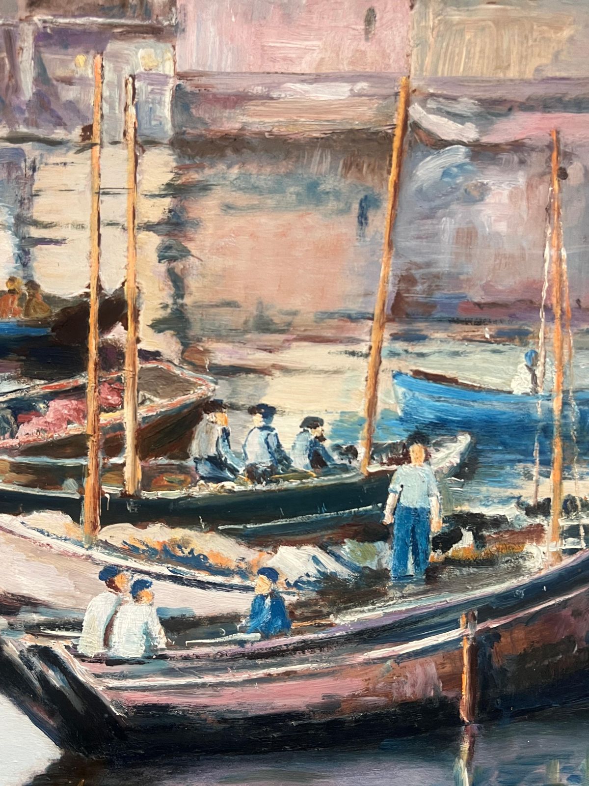 French Schoollarge Mid Century French Impressionist Signed Oil Painting Busy Fishing Harbor1950's photo 901.0