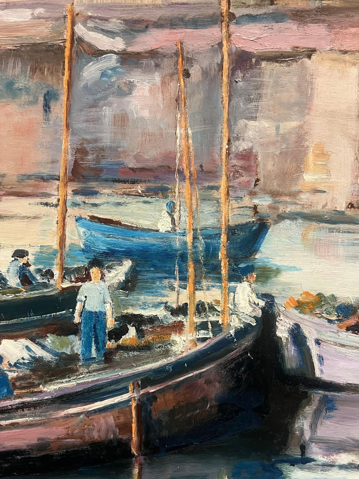 French Schoollarge Mid Century French Impressionist Signed Oil Painting Busy Fishing Harbor1950's photo vinterior
