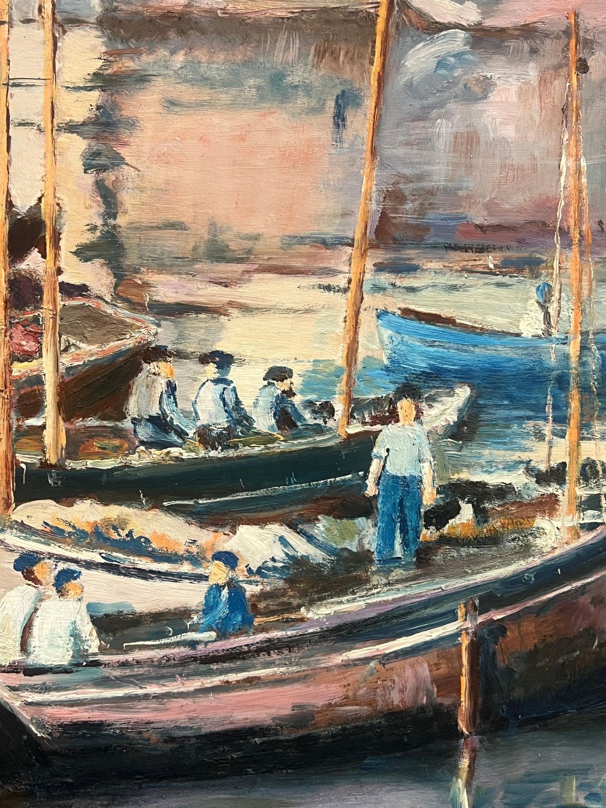 photo vinterior French Schoollarge Mid Century French Impressionist Signed Oil Painting Busy Fishing Harbor1950's