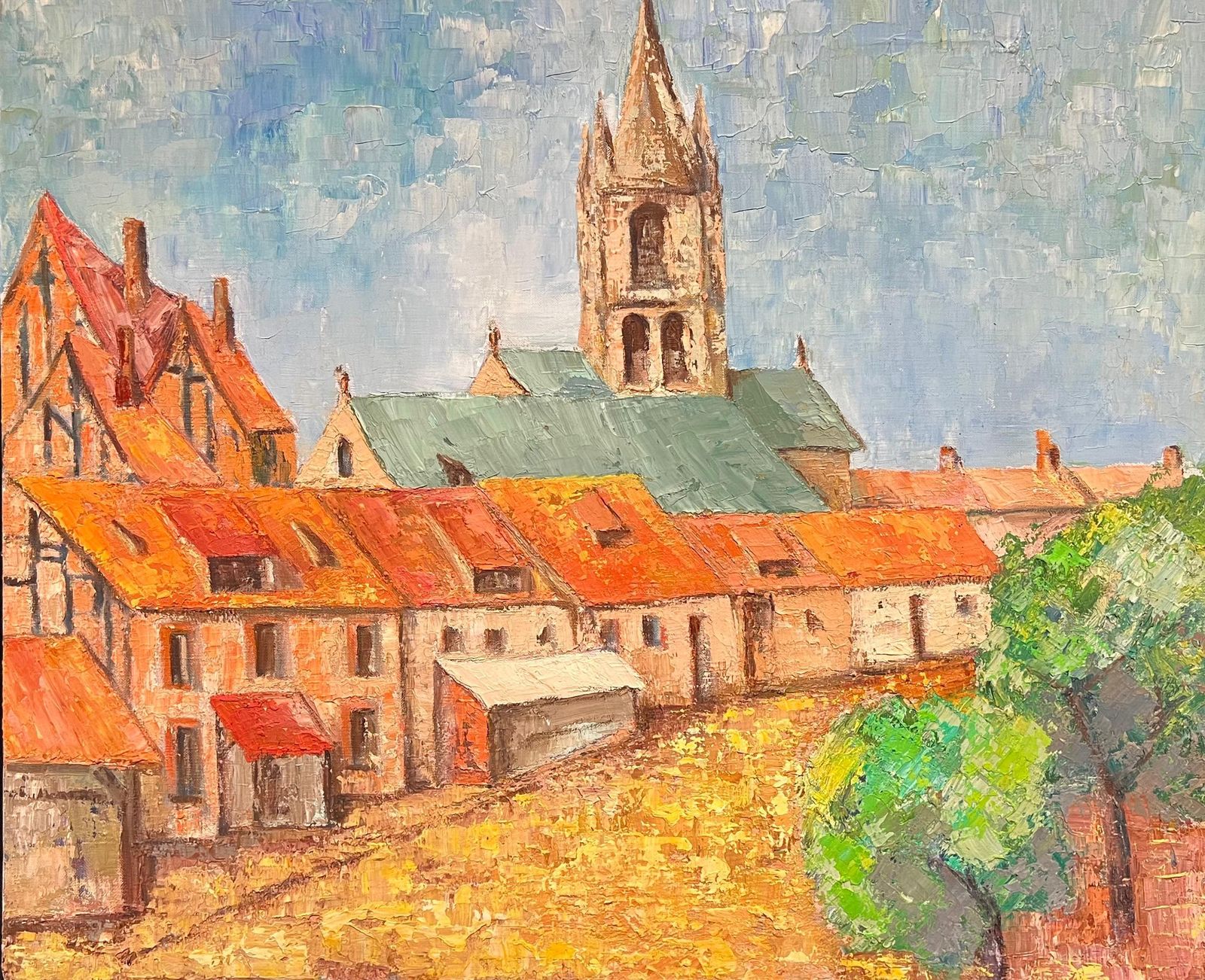 French Schoollarge French Post Impressionist Oil Painting Town & Church Landscape, 1970's1970's
