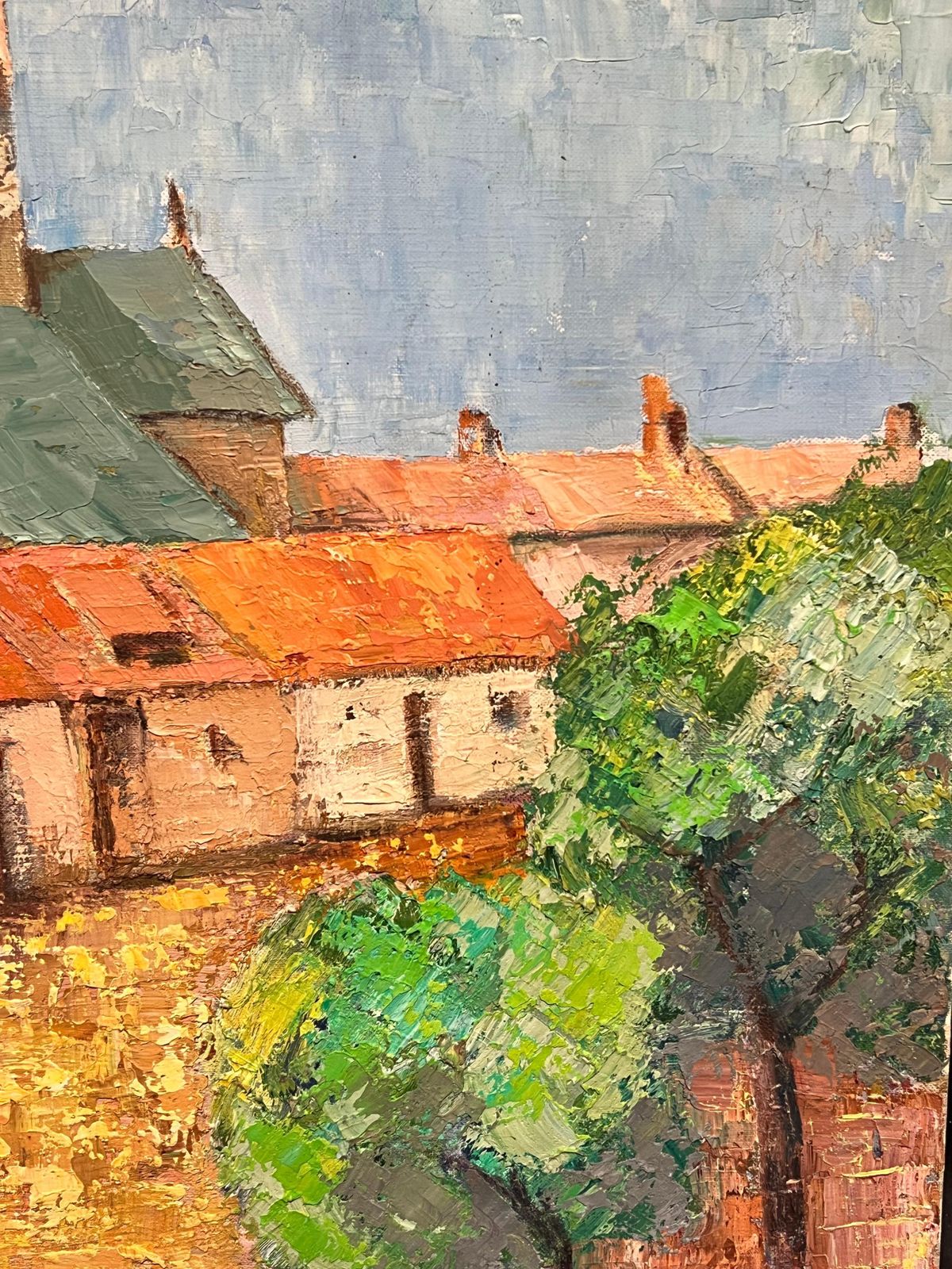 French Schoollarge French Post Impressionist Oil Painting Town & Church Landscape, 1970's1970's photo for sale