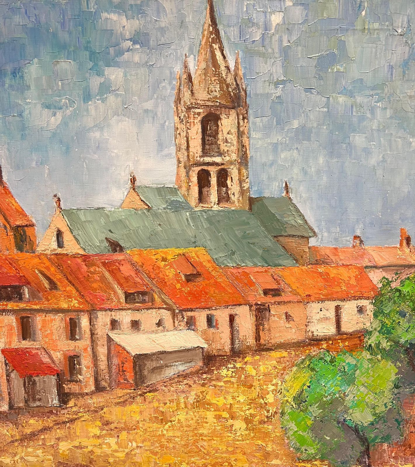 French Schoollarge French Post Impressionist Oil Painting Town & Church Landscape, 1970's1970's photo Art