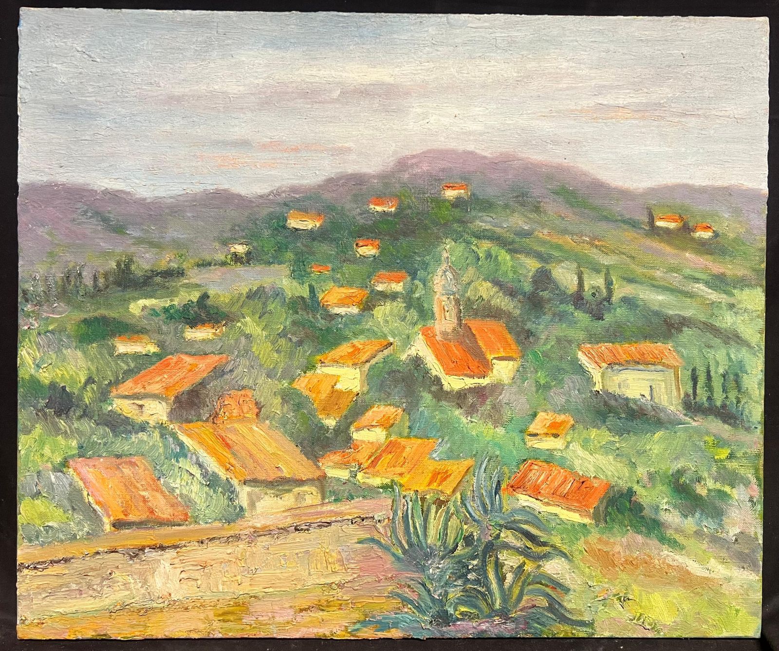 French Schoolsunlit Village Landscape Vibrant Impressionist Oil Painting Hillside Hamlet1970's photo furniture