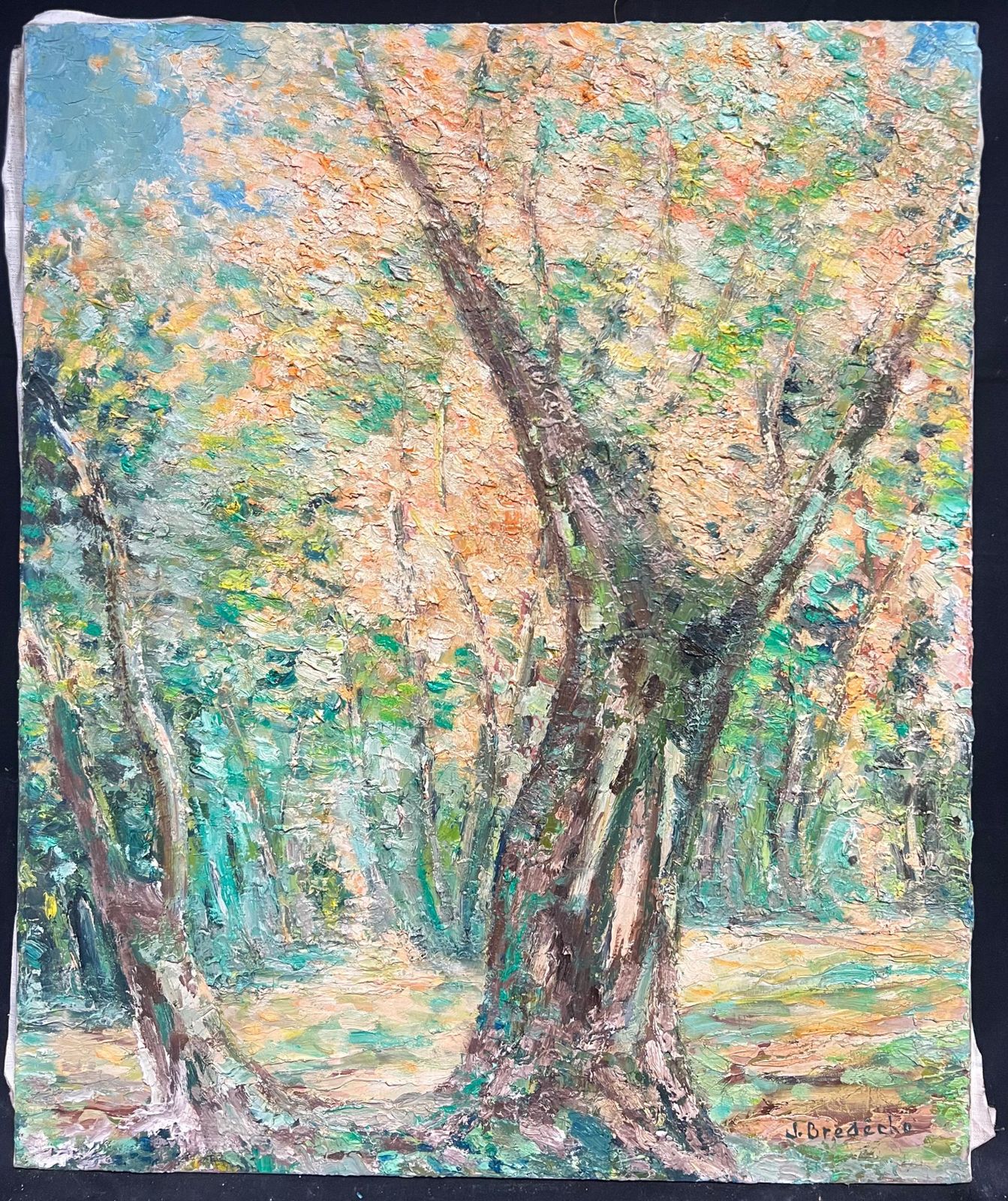 J.Bredechelarge 1970's French Post Impressionist Oil Painting Of Dappled Sunlit Forest1970's photo furniture