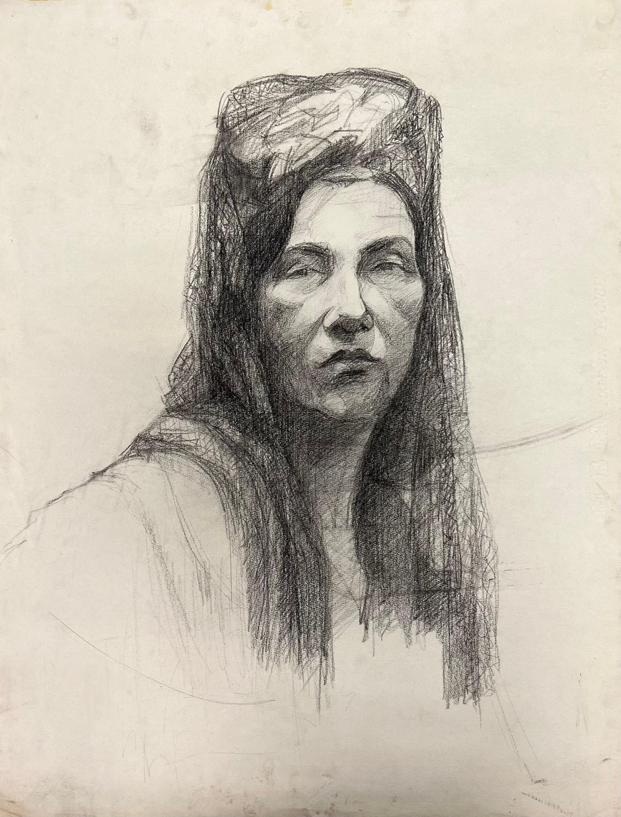 Josine Vignonmid Century French Portrait Of A Woman With Draped Veil Drawing1950's