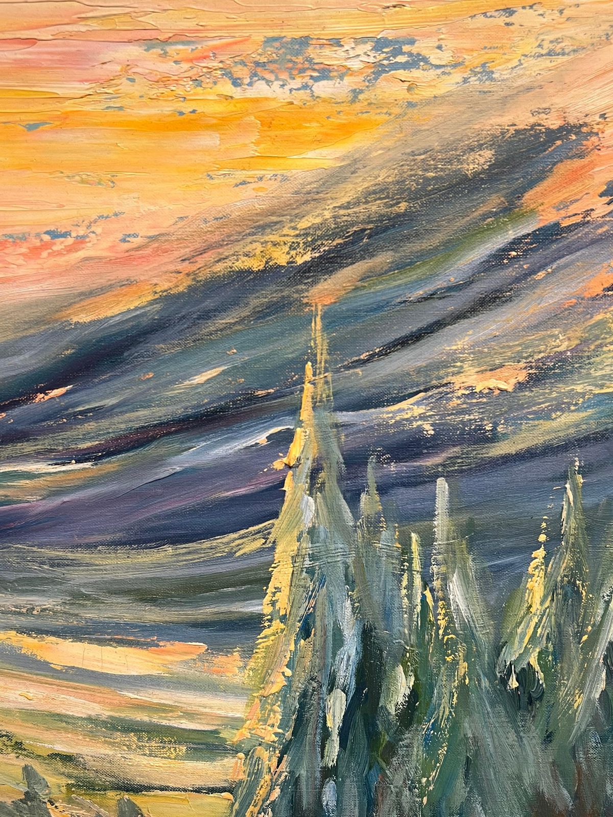 J.Bredechefrench Golden Valley At Dusk Landscape With Rolling Hills And Cottages Oil1970's photo for sale