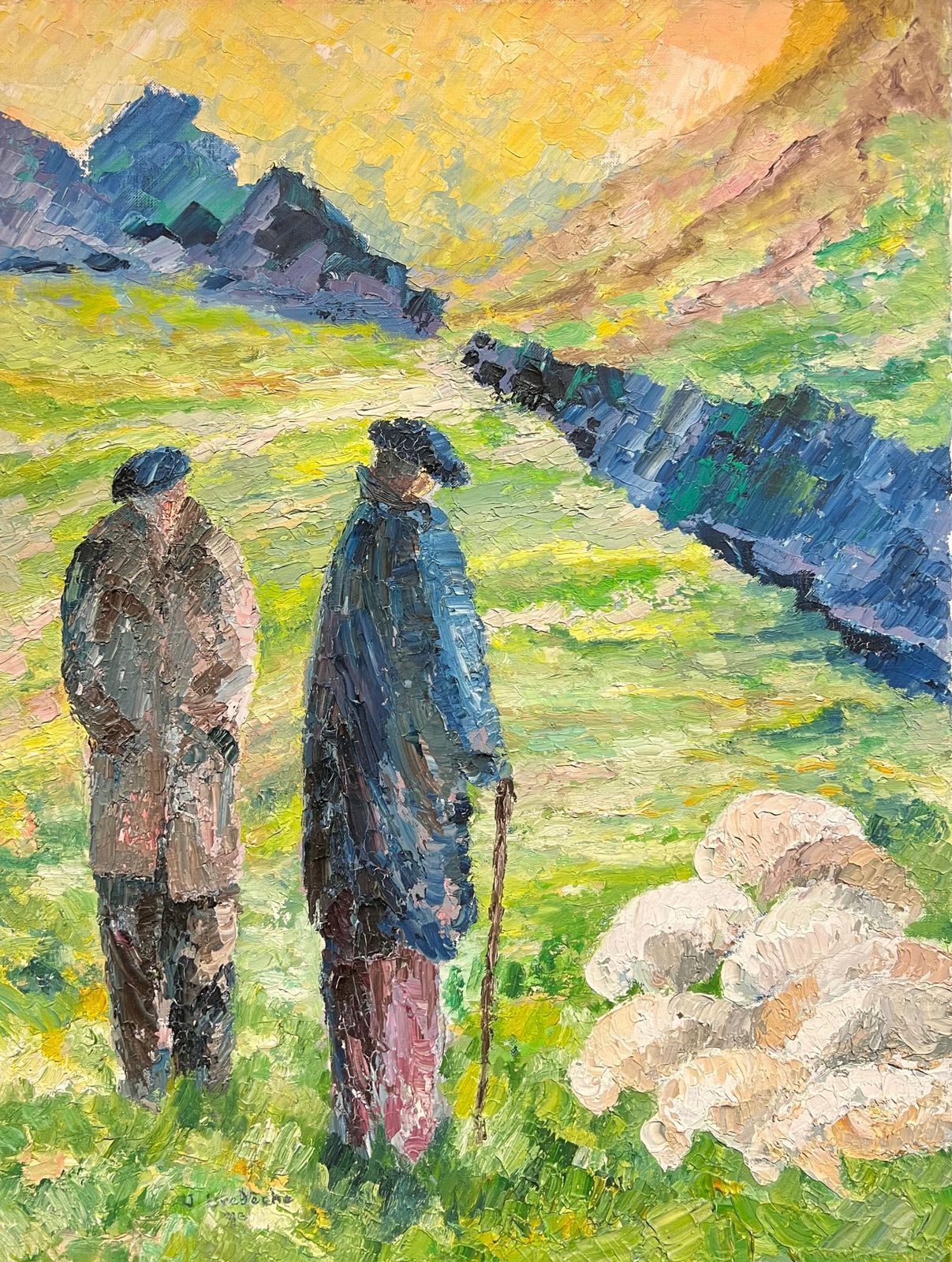J.Bredecheshepherds At Sunrise Large 1970's French Post Impressionist Oil Painting1970's