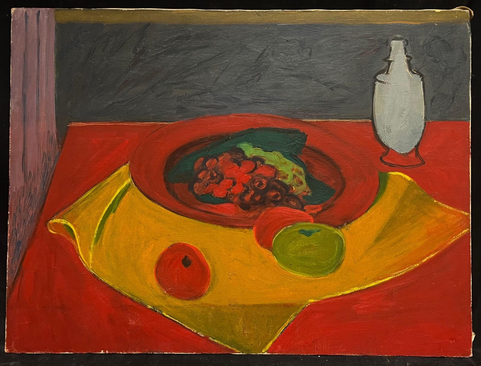 French School1970's French Bold Still Life Modernist Oil Painting Of Fruit And Red Drapery photo furniture