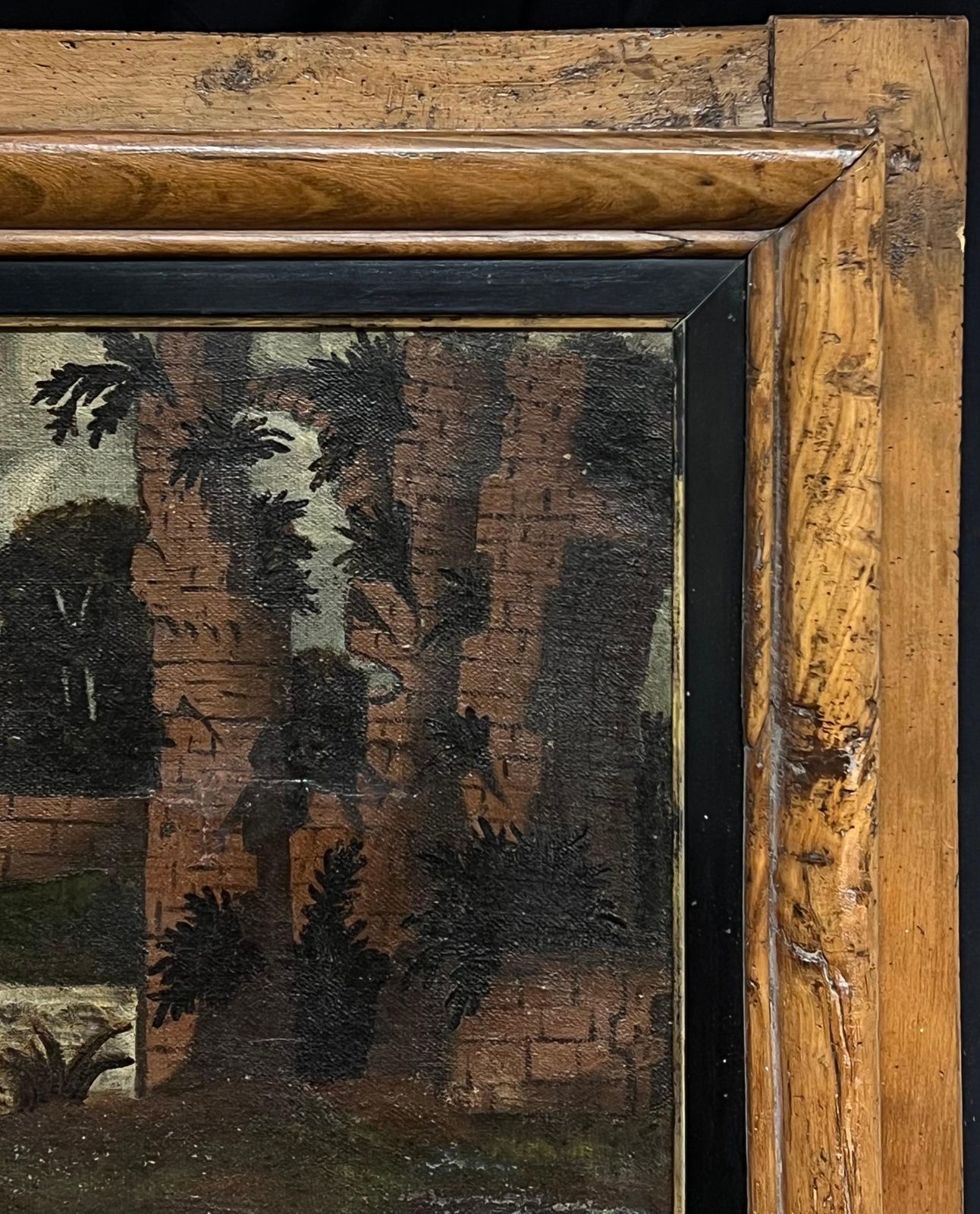French Schoolhuge 18th Century French Oil Painting Dogs Fighting Medieval Castle Wooden Frame photo for sale