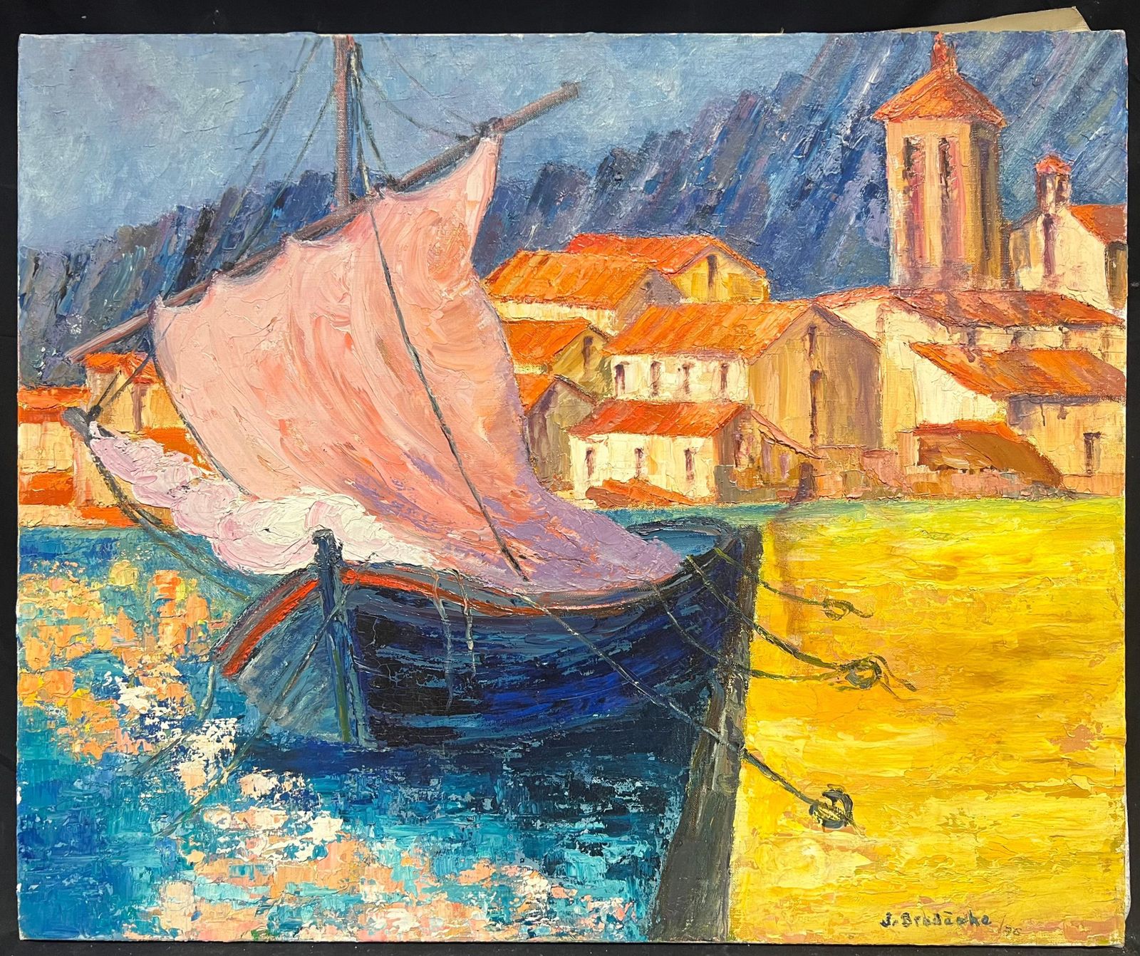 J.Bredechevibrant French Harbor Scene Impressionist Oil Painting Sailboat Coastal Village1970's photo furniture