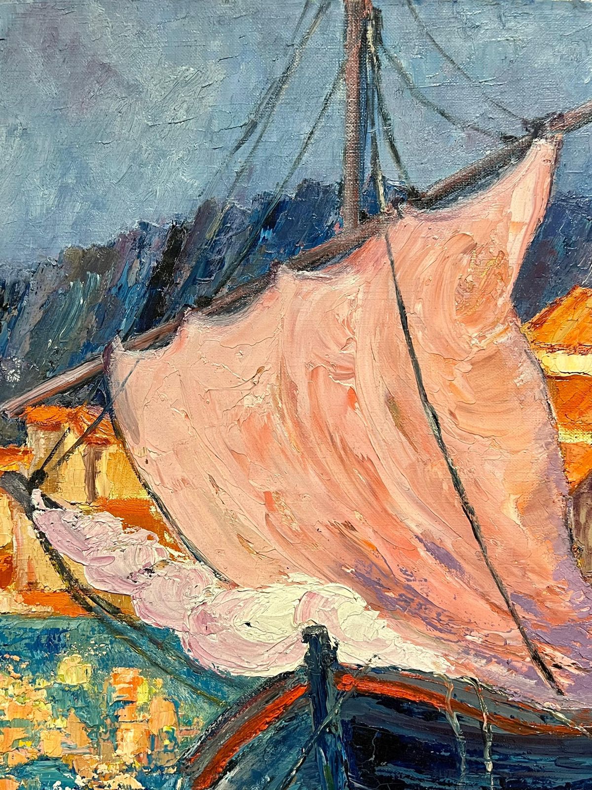 J.Bredechevibrant French Harbor Scene Impressionist Oil Painting Sailboat Coastal Village1970's photo Art