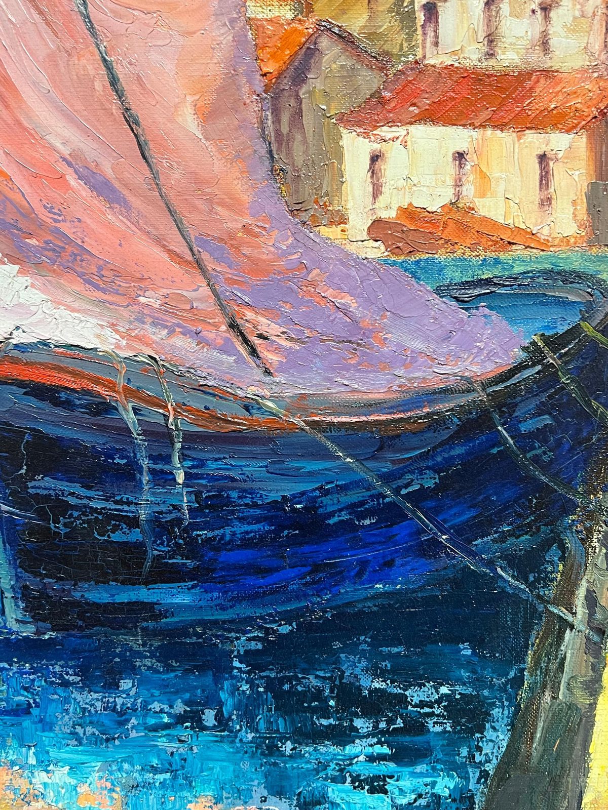 J.Bredechevibrant French Harbor Scene Impressionist Oil Painting Sailboat Coastal Village1970's photo buy