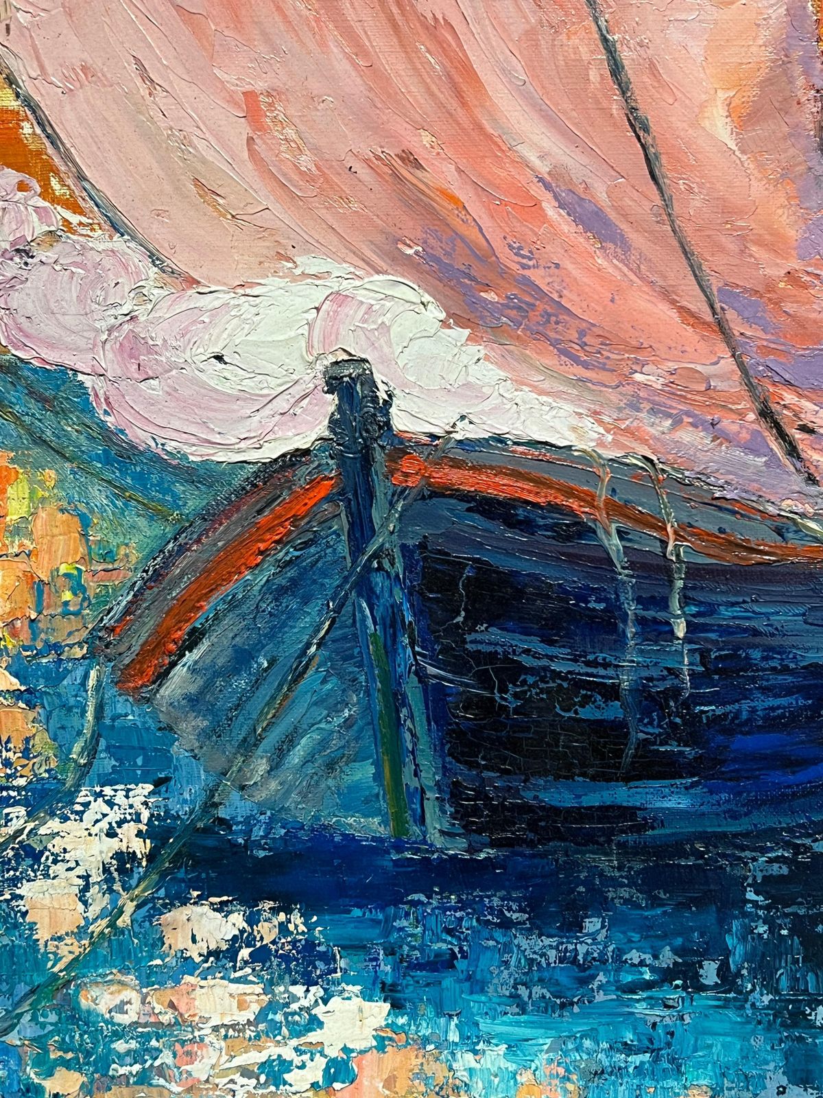photo for sale J.Bredechevibrant French Harbor Scene Impressionist Oil Painting Sailboat Coastal Village1970's