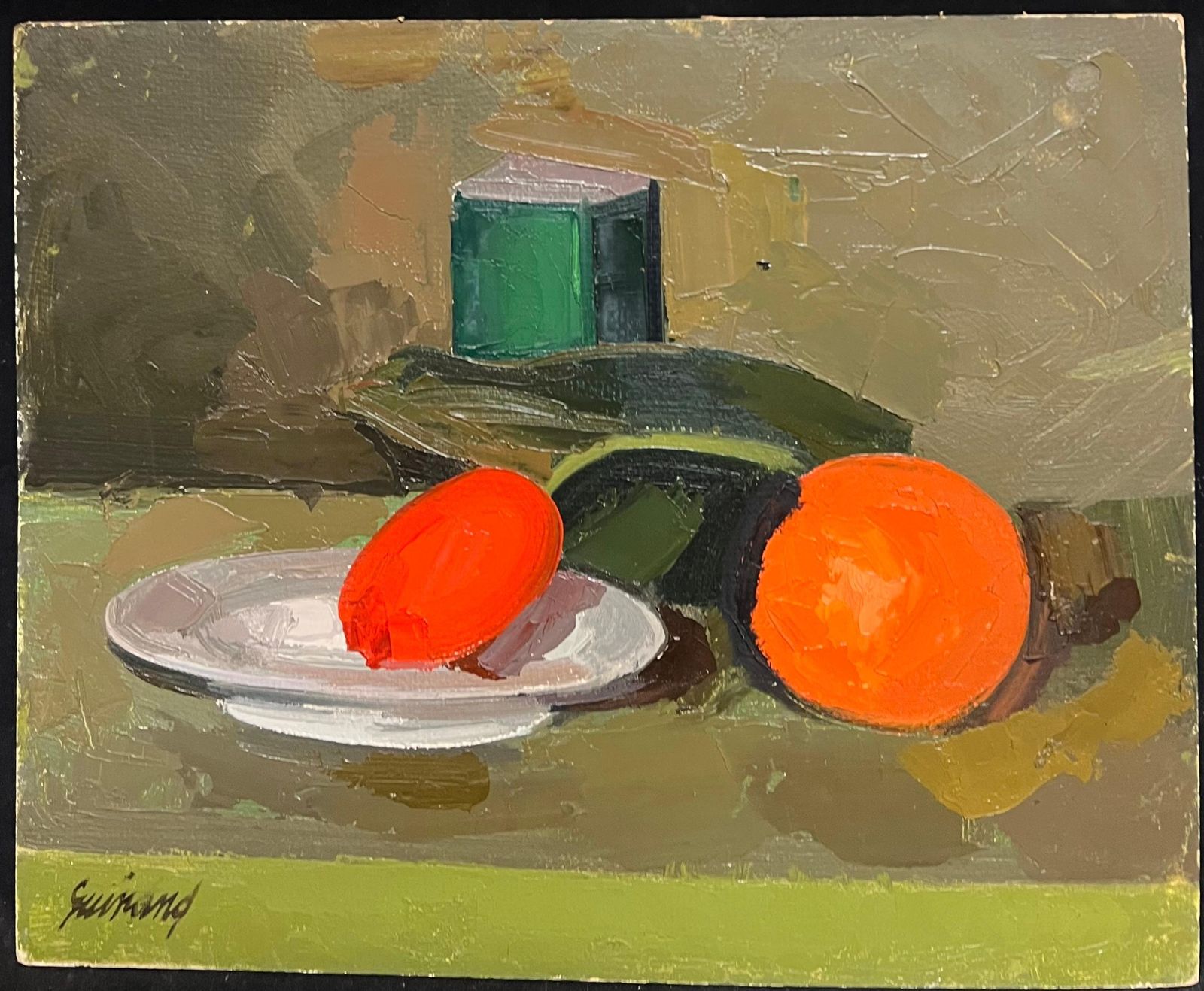 René Guinand (1892 1983)large French Modernist Oil Painting Vibrant Still Life Red Green Orange1967 photo furniture