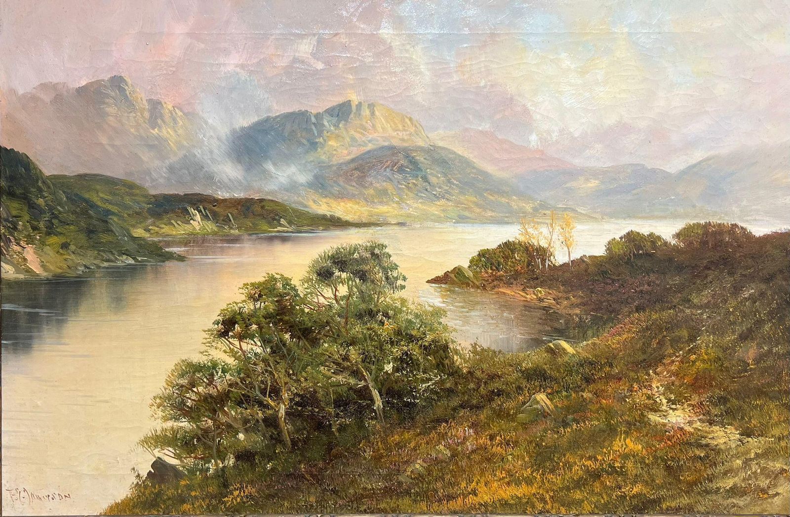 F. E. Jamiesonmajestic Highland Loch Landscape Serenity Oil Painting Scenic Mountain Lake1920's photo furniture