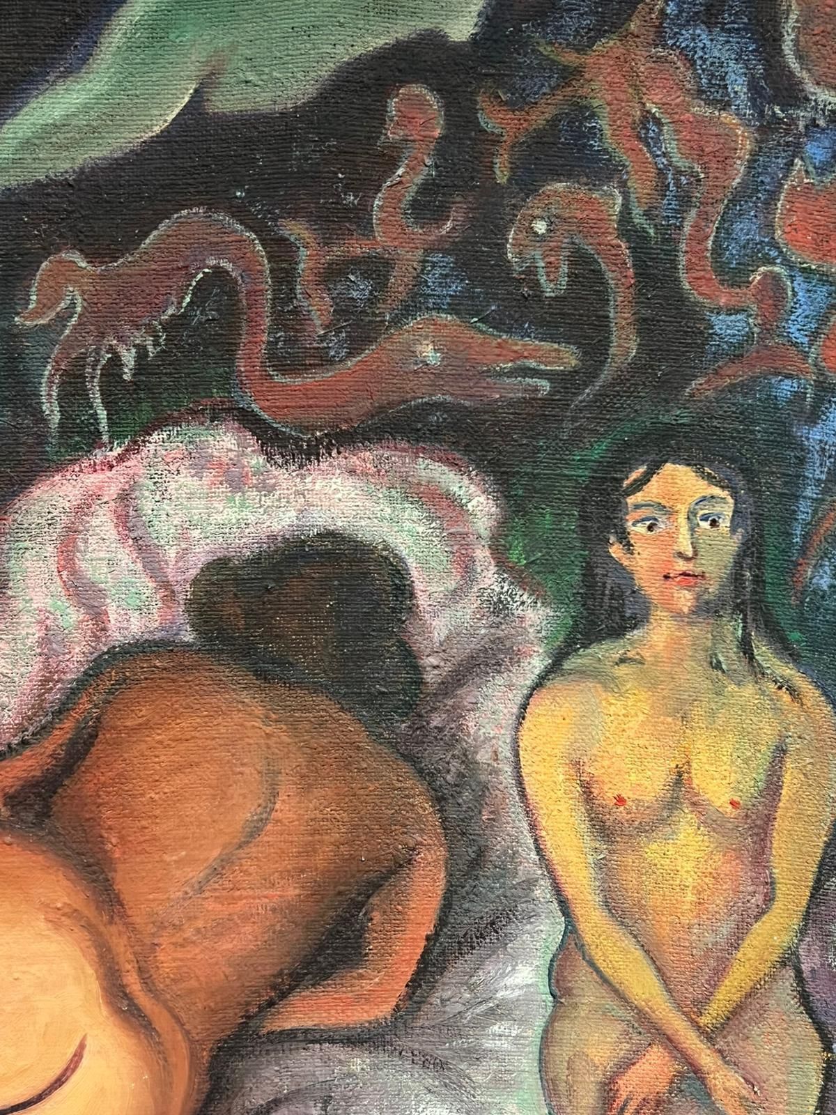Art French School1950's French Surrealist Signed Huge Oil Painting Nudes Dreamscape With Skeleton1958 photo