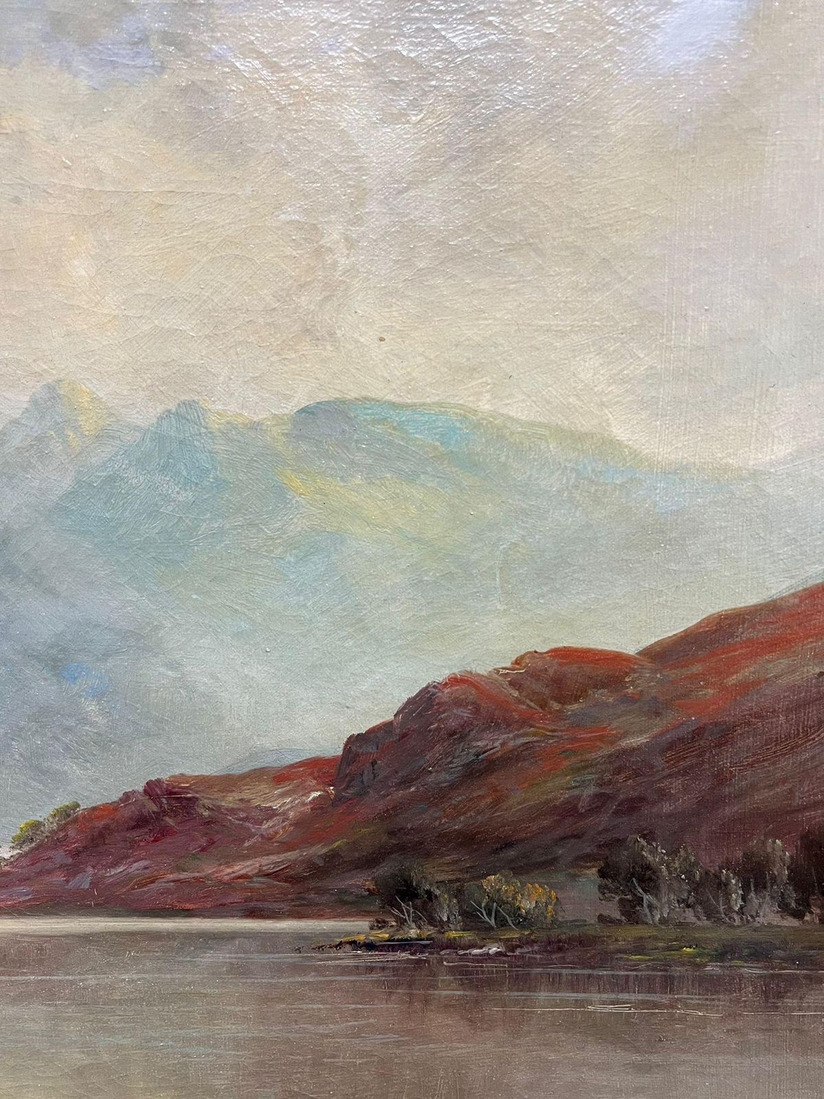 F. E. Jamiesontranquil Highland Reflection Oil Painting Mountain Loch With Cottage Perthshire1920's photo for sale