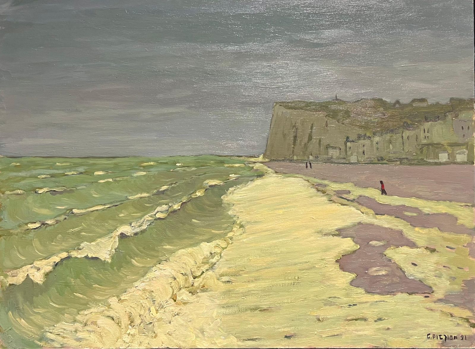 Guy Pichonwindy Shoreline French Coastal Scene With Cliffs & Green Rolling Waves Normandy1991