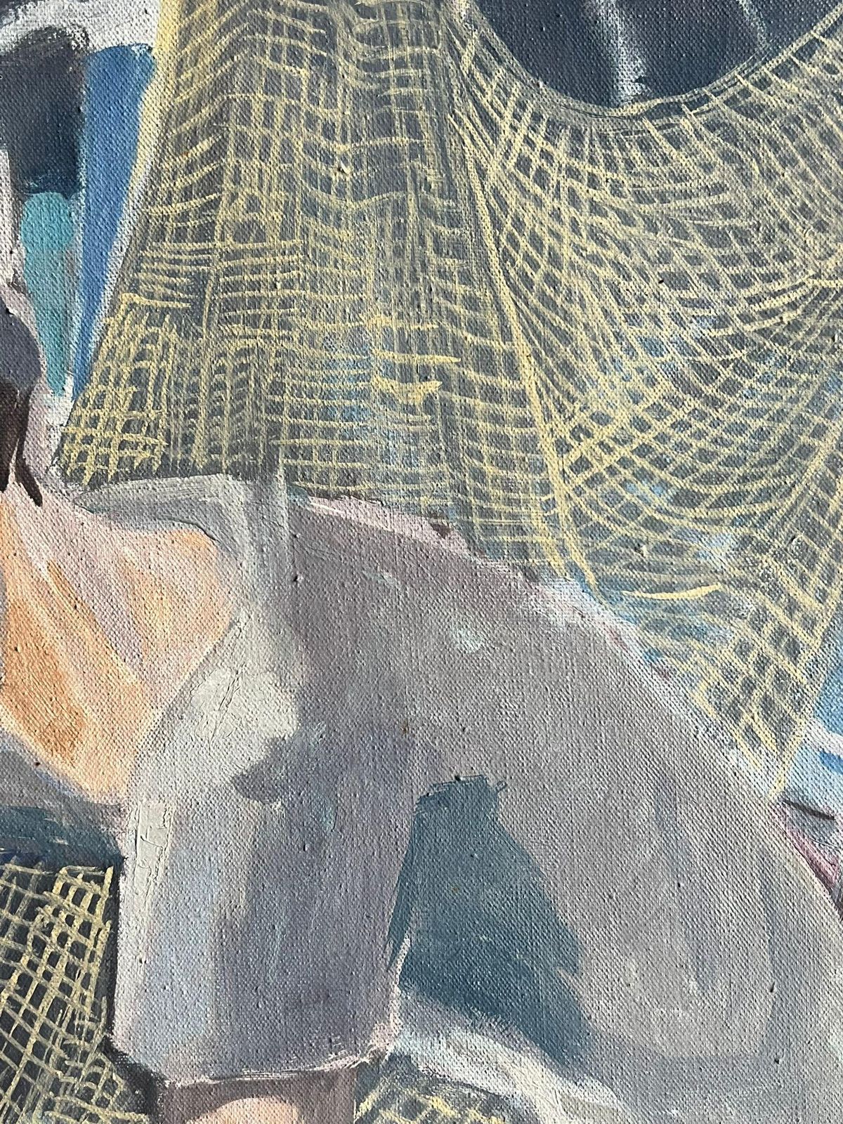 French School1950's French Modernist Blue Figurative Oil Painting Of A Fisherman Mending Nets1950's photo Art