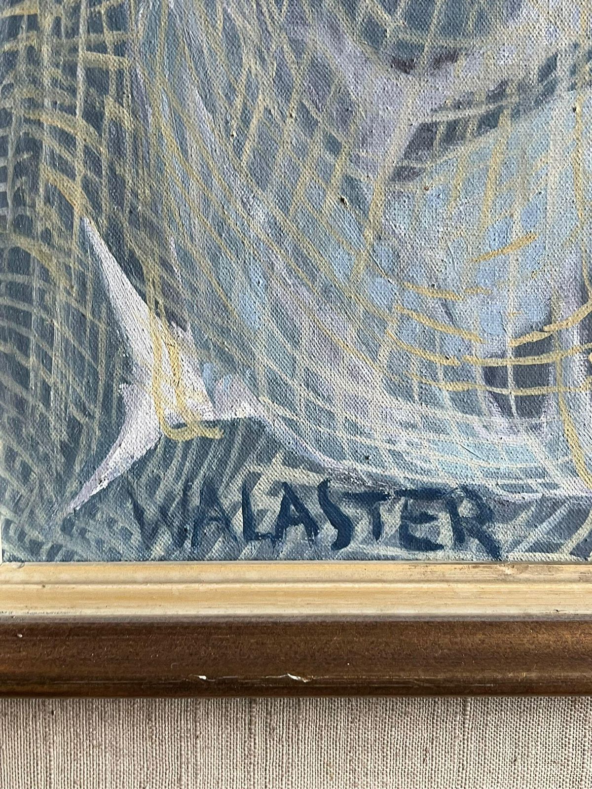 French School1950's French Modernist Blue Figurative Oil Painting Of A Fisherman Mending Nets1950's photo vintage