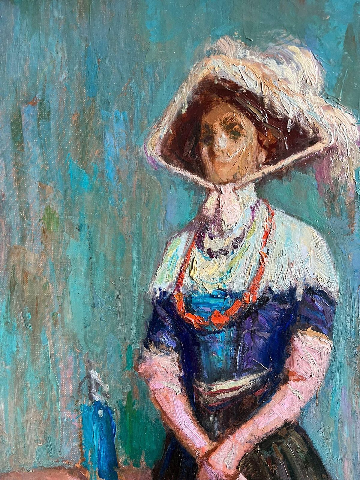 Pio Santinifine French Impressionist Oil Painting Portrait Elegant Lady With Parasol photo vintage
