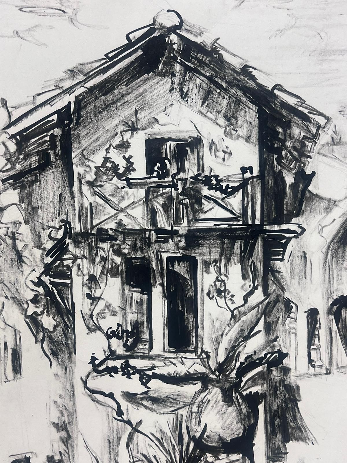 Josine Vignon1950s French Charming Charcoal Sketch Of A Rustic European Courtyard1950s photo for sale
