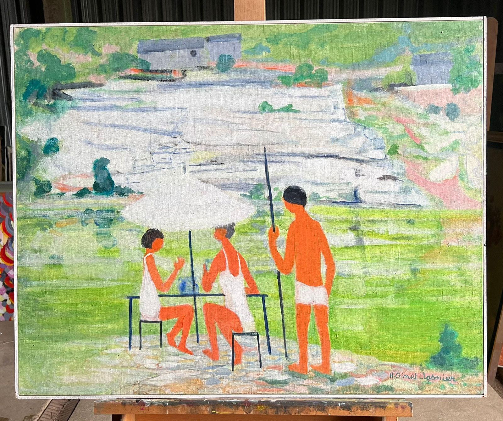 Huguette Ginet Lasnier Large Modernist French Landscape With Figures Sunbathing By The River Signed Oilc. 2000's photo furniture