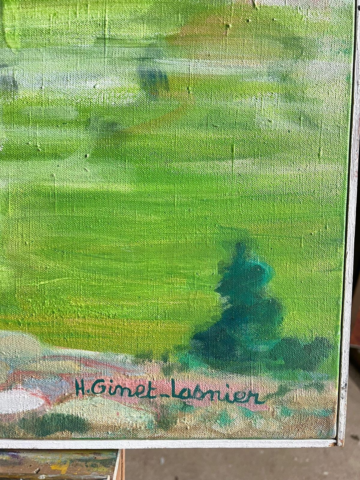 Huguette Ginet Lasnier Large Modernist French Landscape With Figures Sunbathing By The River Signed Oilc. 2000's photo Art