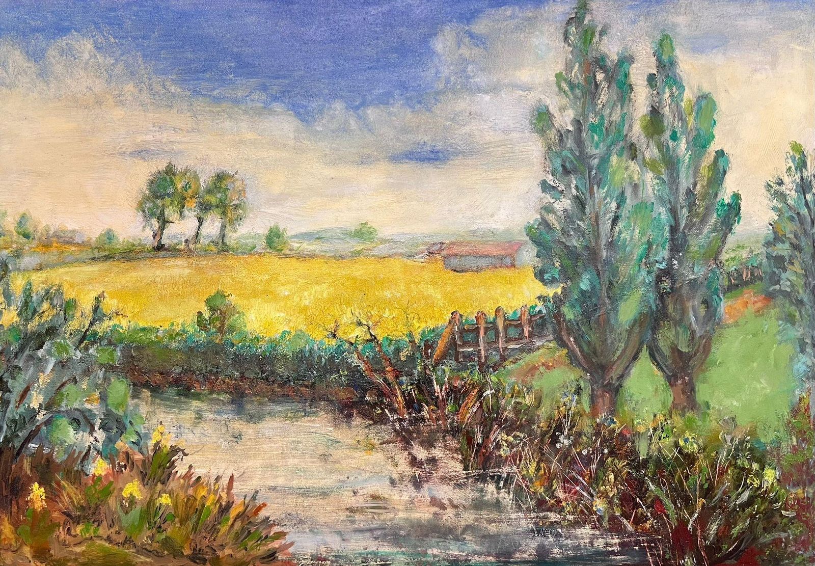 Paysage pastoral mid-century aux tons vifs, champs jaunes, arbres et rivière, par Helen Greenfield