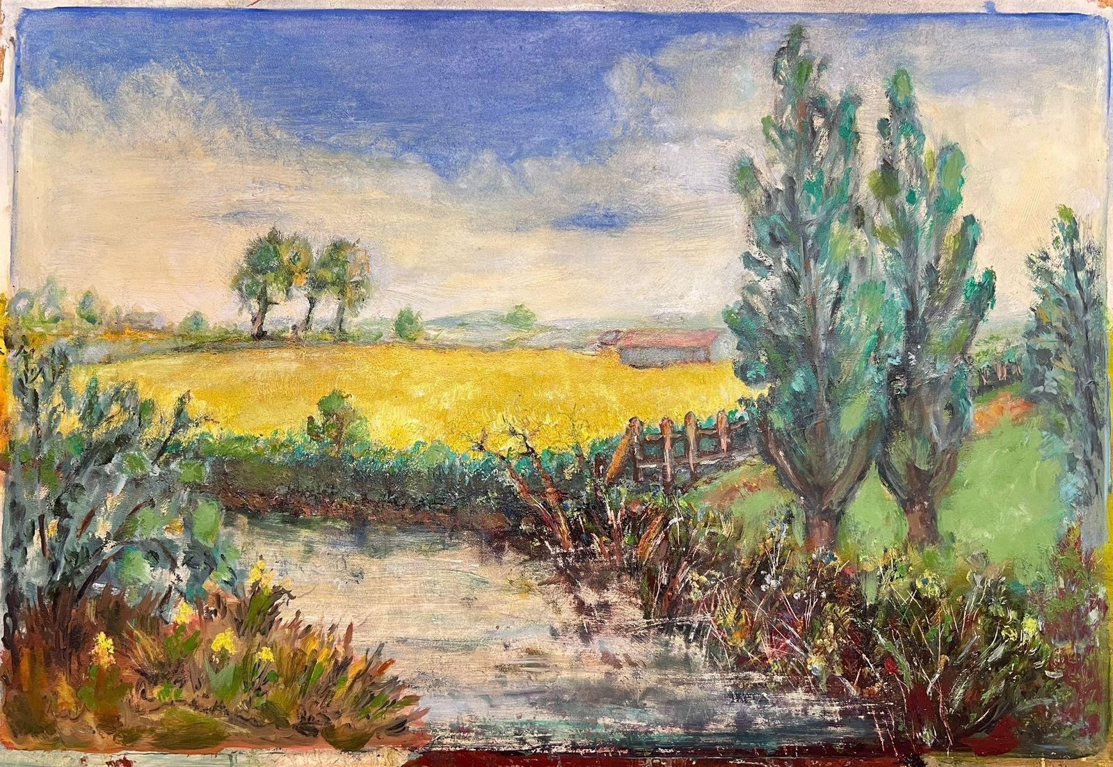 Helen Greenfieldvibrant Mid Century Pastoral Landscape With Yellow Fields, Trees And River photo furniture