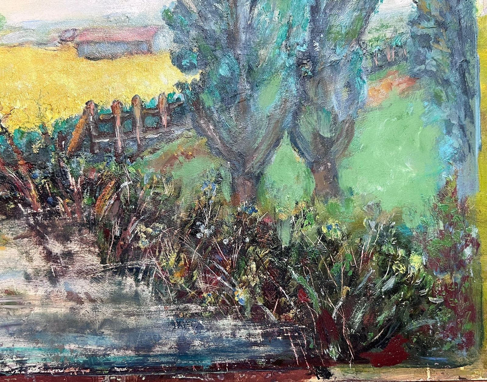 Helen Greenfieldvibrant Mid Century Pastoral Landscape With Yellow Fields, Trees And River photo for sale