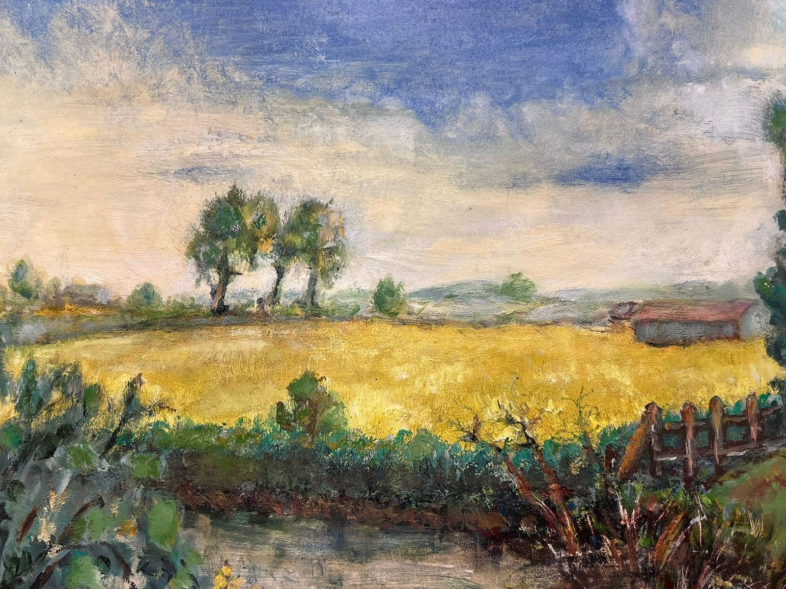 Helen Greenfieldvibrant Mid Century Pastoral Landscape With Yellow Fields, Trees And River photo Art