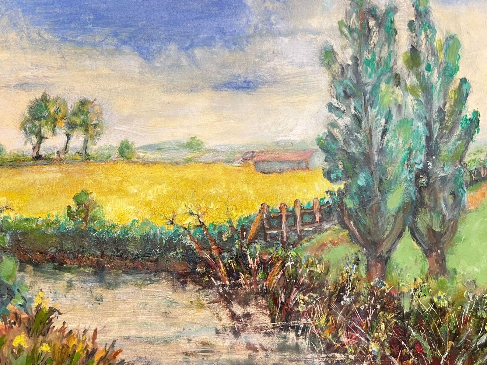 Helen Greenfieldvibrant Mid Century Pastoral Landscape With Yellow Fields, Trees And River photo vinterior