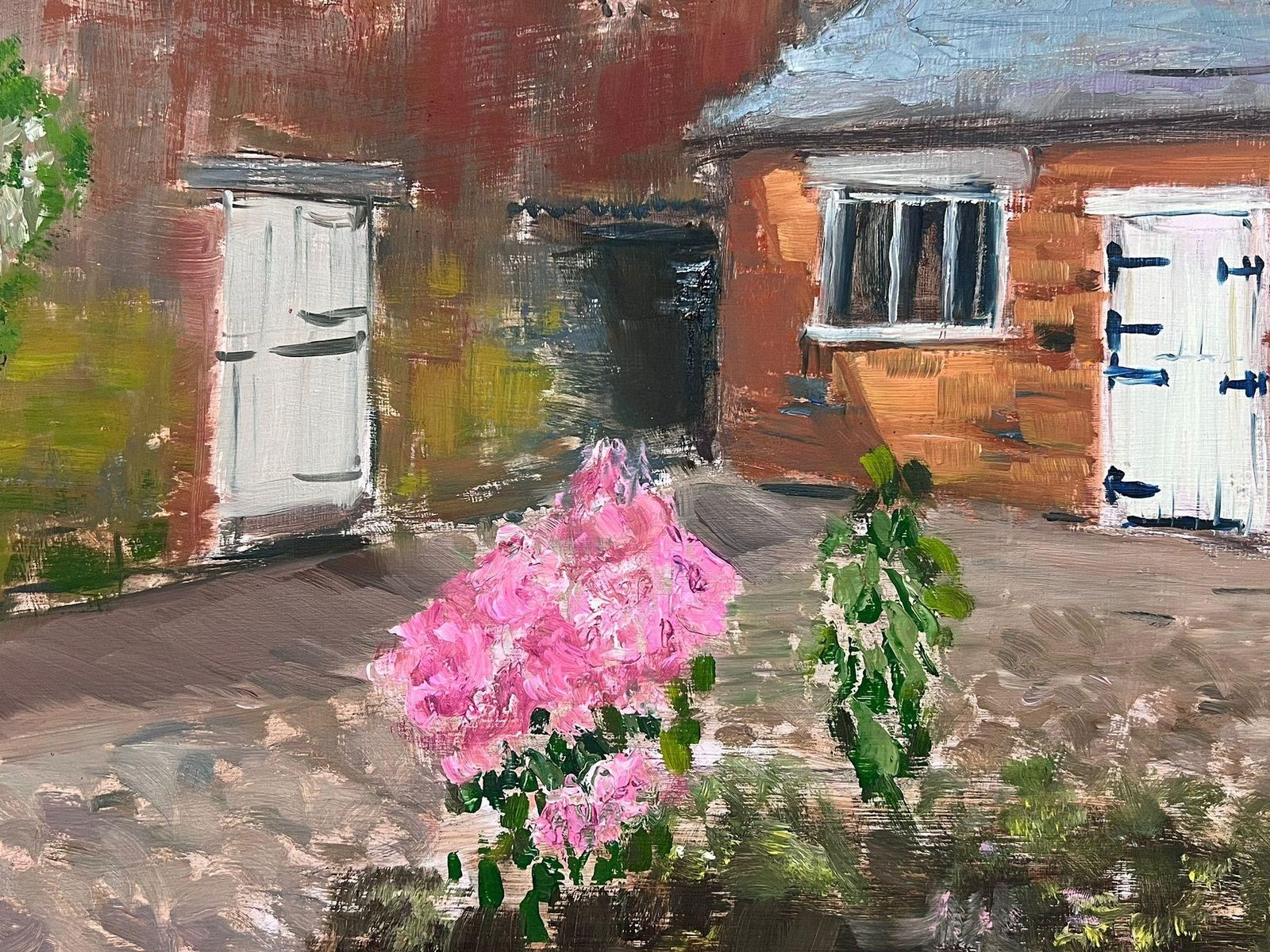 Helen Greenfieldcharming English Courtyard Scene With Church Tower And Brick Buildings photo for sale