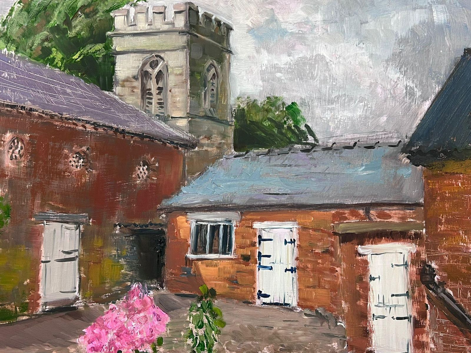 Helen Greenfieldcharming English Courtyard Scene With Church Tower And Brick Buildings photo vinterior