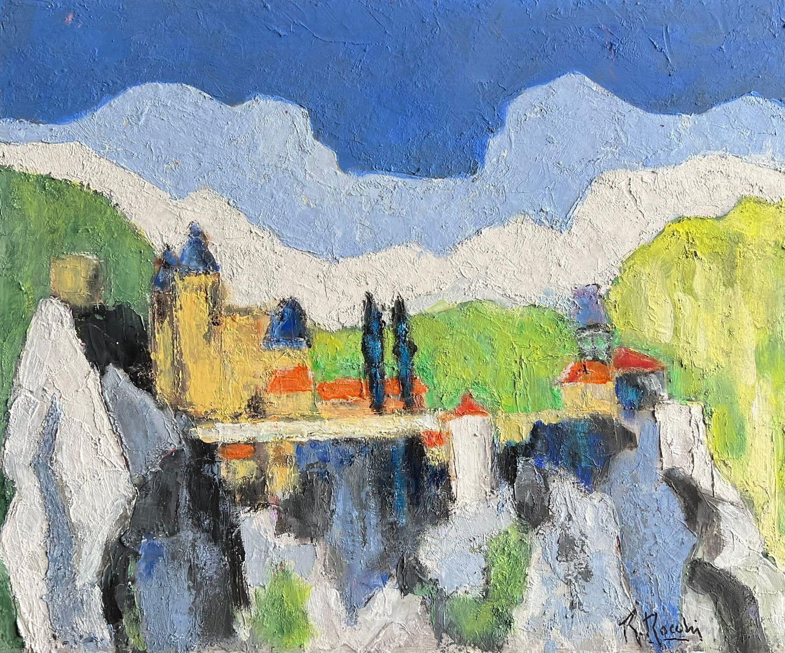 French Schoolmodern Abstract Landscape Painting A Vibrant Lakeside Village With Mountains2005