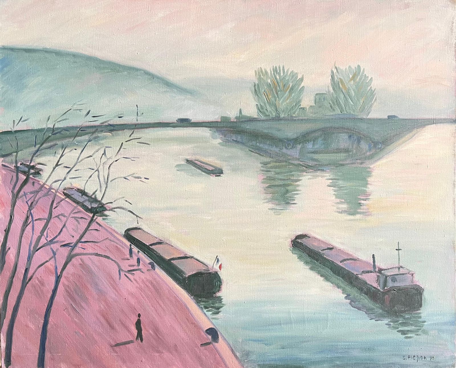 Guy Pichonfrench River Scene With Barges And Bridge At Dusk Landscape Modern Oil Painting1999