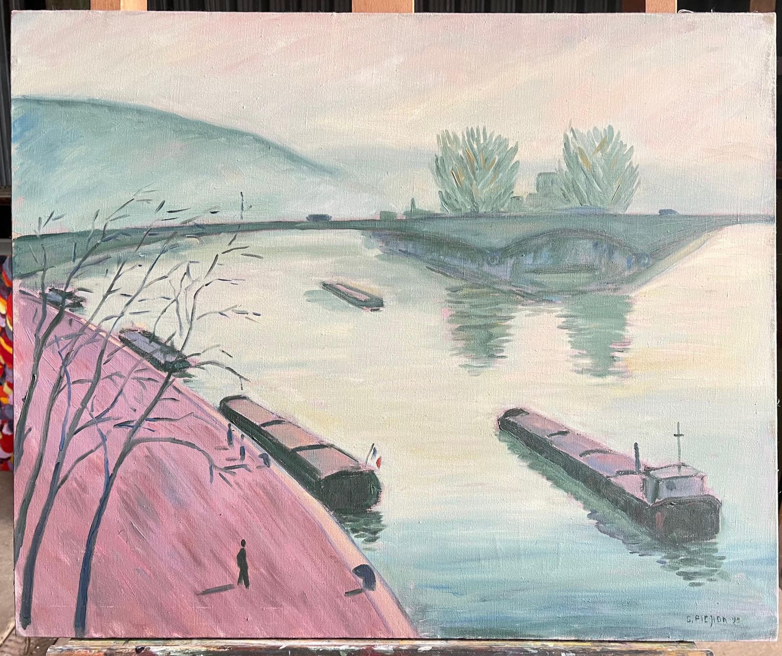 Guy Pichonfrench River Scene With Barges And Bridge At Dusk Landscape Modern Oil Painting1999 photo furniture