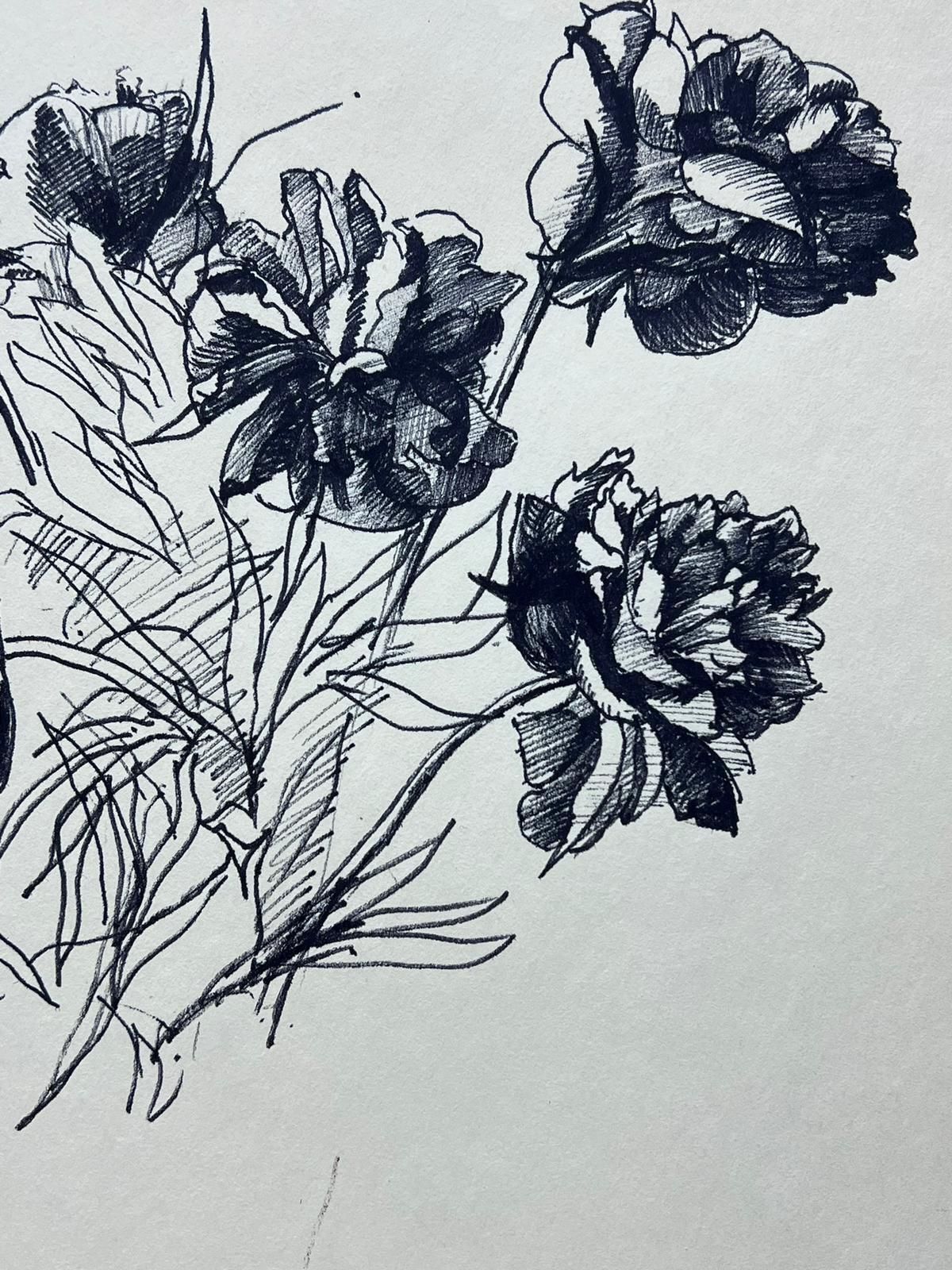 French Schooldelicate Ink Sketch Of Peonies Minimalist Floral Study photo for sale