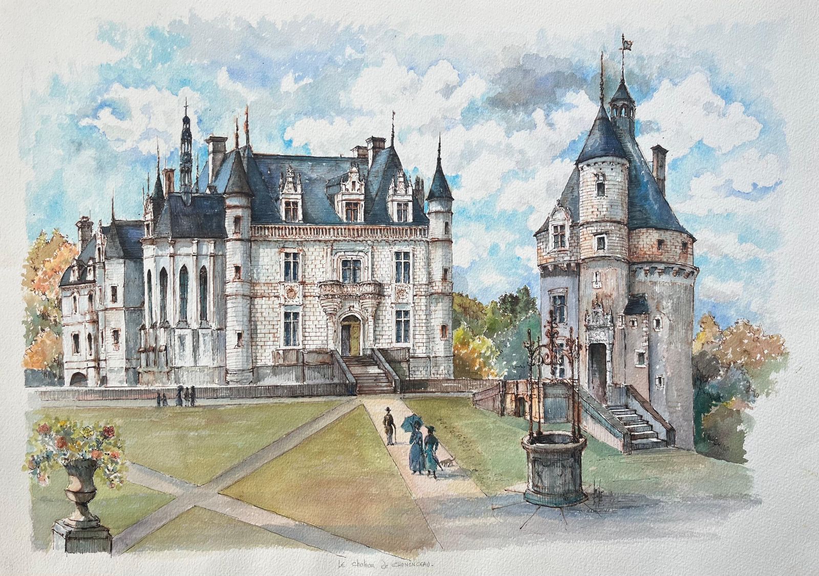 Robert Lepine (1929   2017)french Watercolor Of Château De Chenonceau With Figures And Garden Well20th Century