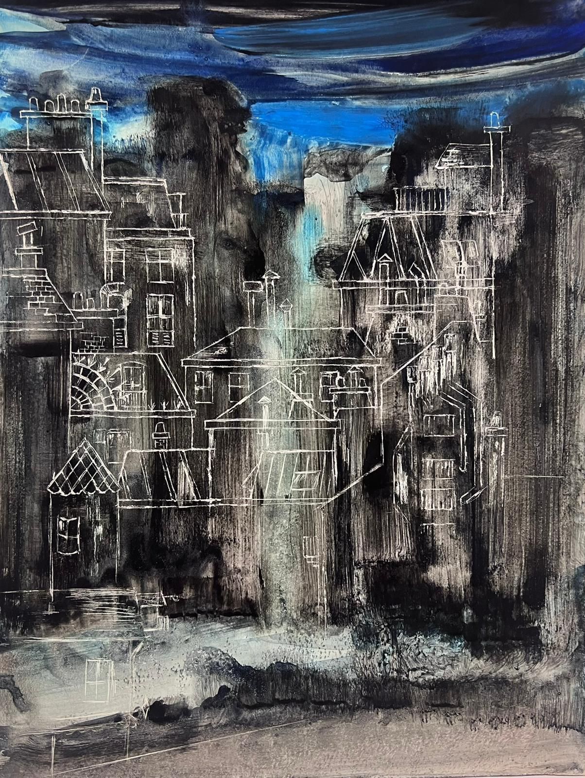 French Schoolmoody Abstract Urban Blue And Grey Landscape With Architectural Sketches