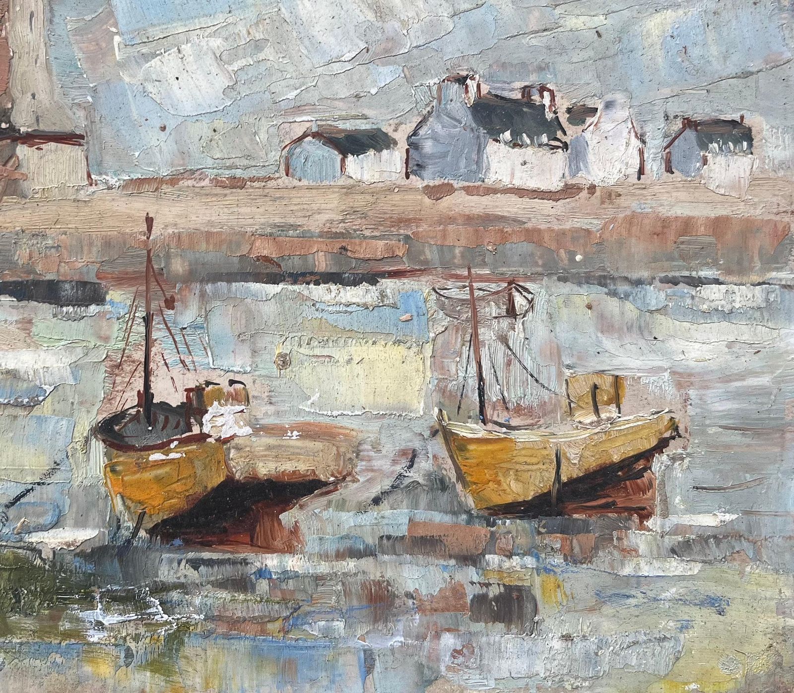 F.T Rousselfrench Mid Century Oil Painting Of Fishing Boats And Lighthouse photo 505.0