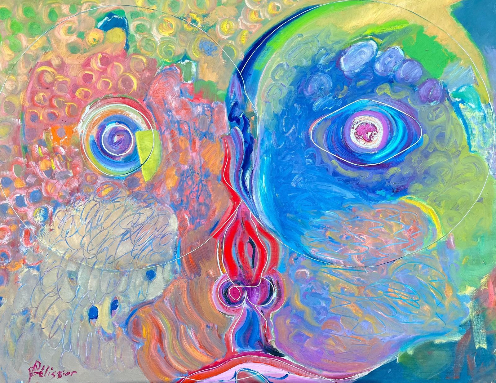 Gilbert Pelissierhuge French 20th Century Bright Colorful Dual Abstract Faces Oil Painting