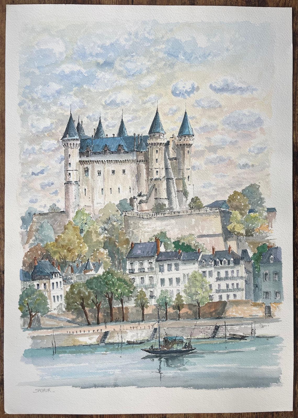 Robert Lepine (1929   2017)french Watercolor Of "Château De Saumur: Riverside View"20th Century photo furniture