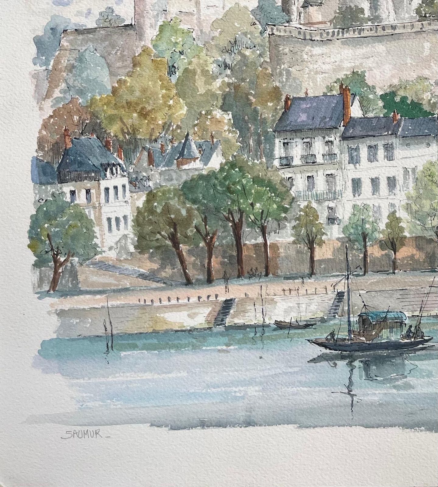 Robert Lepine (1929   2017)french Watercolor Of "Château De Saumur: Riverside View"20th Century photo Art