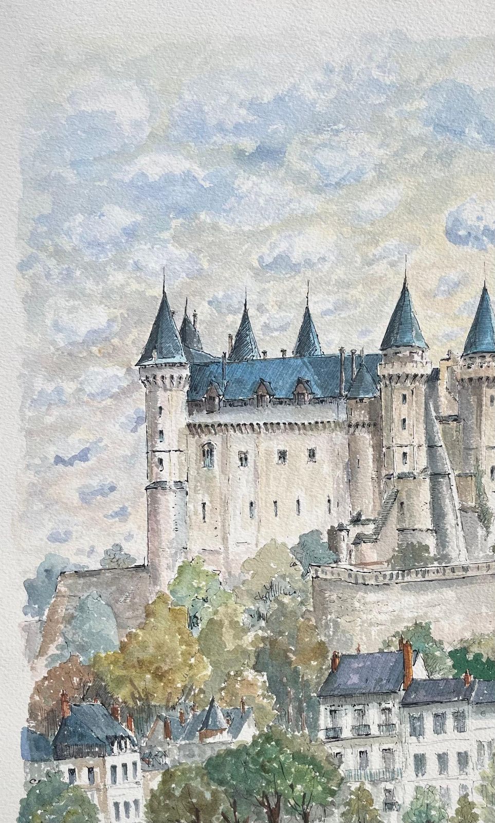 Robert Lepine (1929   2017)french Watercolor Of "Château De Saumur: Riverside View"20th Century photo 794.0