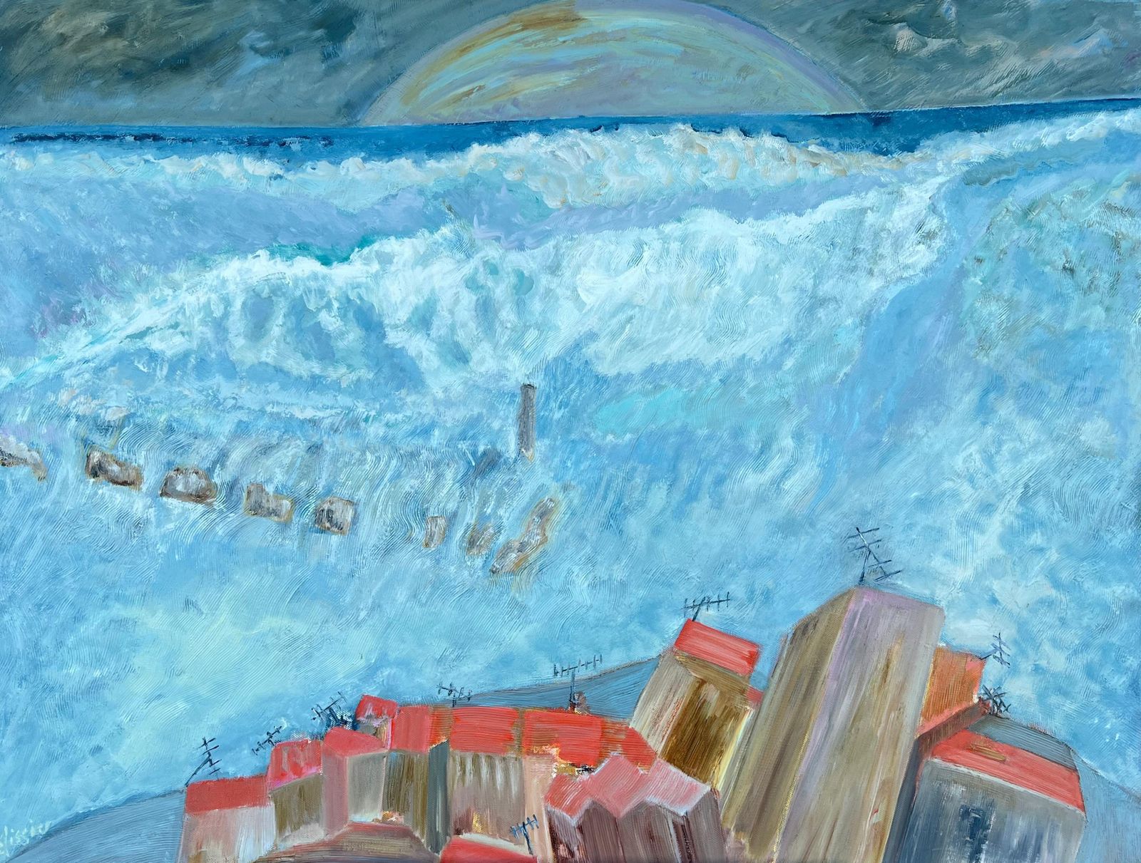 Gilbert Pelissierfrench 20th Century Blue Wave Over Orange Roof Town Coastal Landscape1984