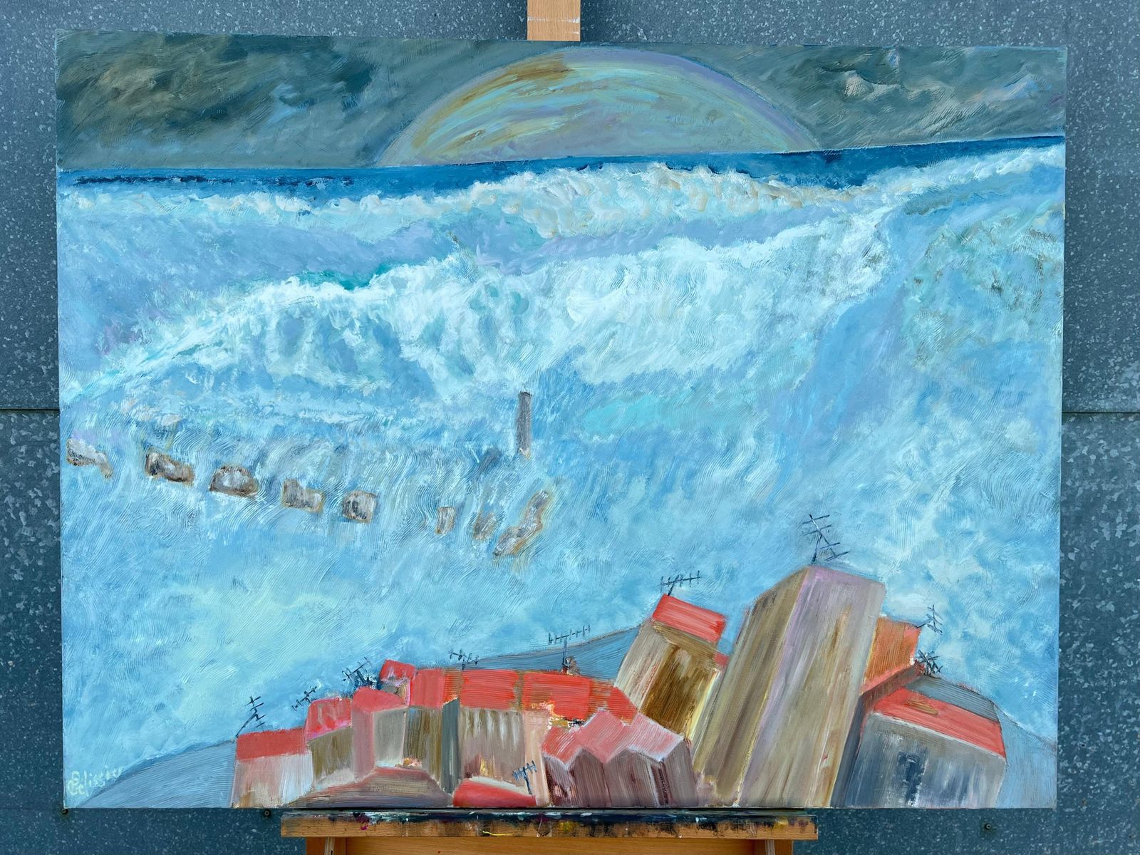Gilbert Pelissierfrench 20th Century Blue Wave Over Orange Roof Town Coastal Landscape1984 photo furniture