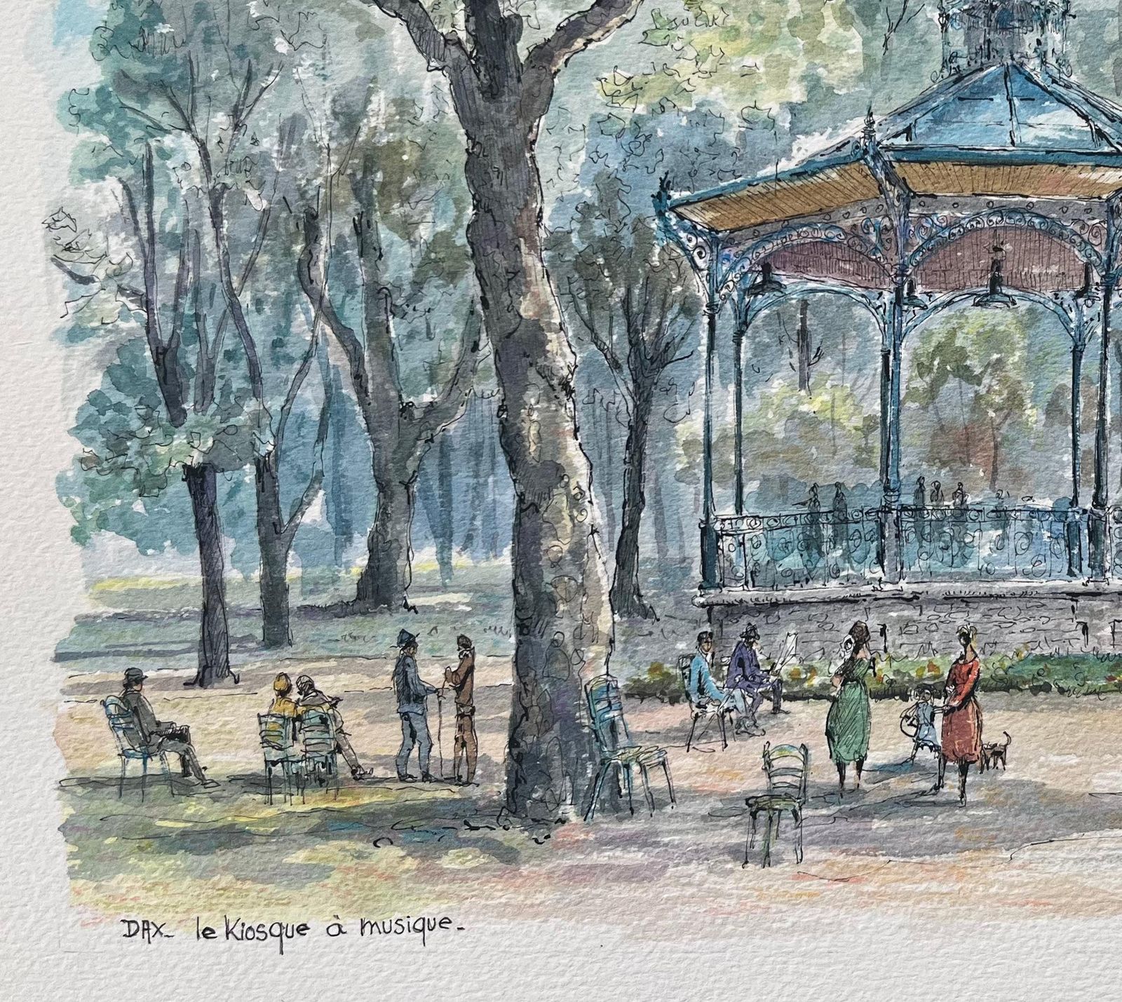 Robert Lepine (1929   2017)french Watercolor Painting Of “Le Kiosque à Musique” In Dax20th Century photo 449.0